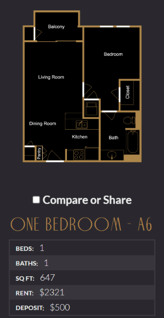 Floor plan for 1 bed, 1 bath, 647 sqft